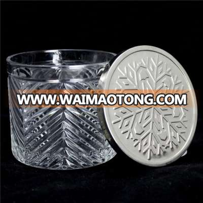 Leaf pattern glass food container candle jar with decorative metal lid